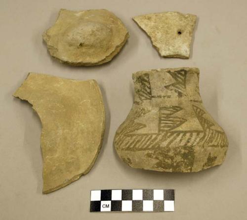 Ceramic, sherds, most plain, one partial jar with black designs exterior