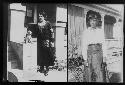 Two photos of women in front of homes