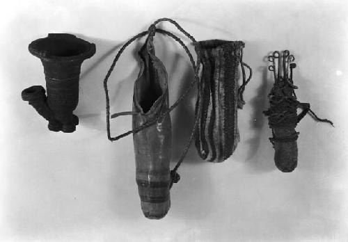 Medicine man's kit, including pipe, clay bowl, thread bag, other instrurments