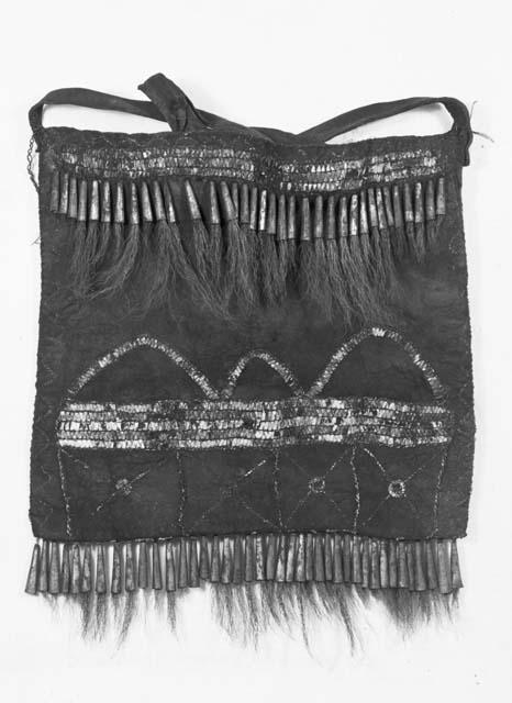 Black leather pouch ornamented with quill work