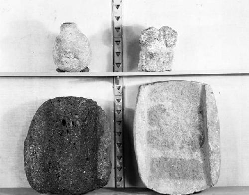 Dummy bottle, notched stone slab of lava and metates