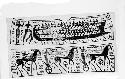 Drawing of ship, horseman and two wheeled chariots from geometric vase