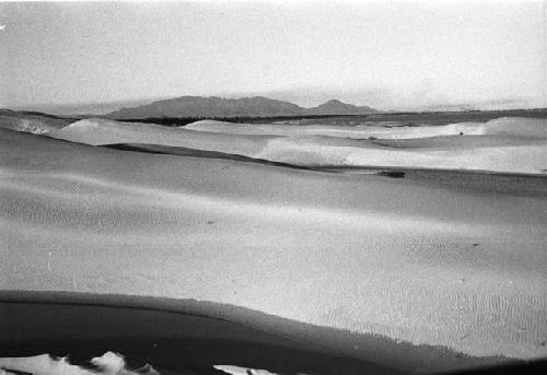 Sand dunes with edge of pond in foreground