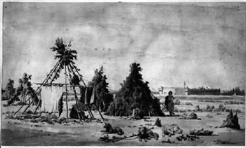 Watercolor sketch of Assiniboin Lodges, 1848, by Paul Kane