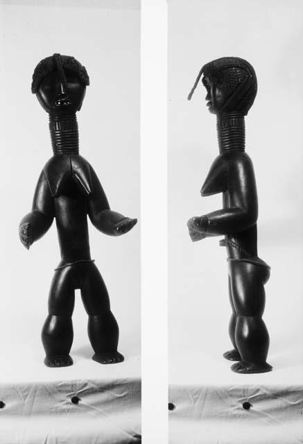 Front and side view of wood carving of female figure