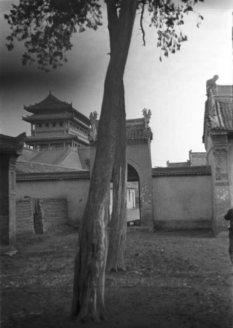 Gate in wall, buildings behind and trees in foreground