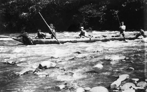 Jivaros poling canoe through river rapids