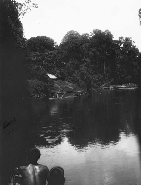 Pork knocker's house in British Guiana, along riverbank