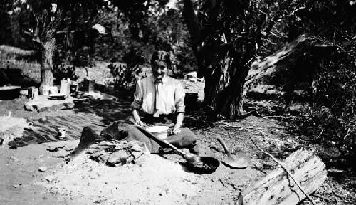 Madelaine Kidder in front of tent