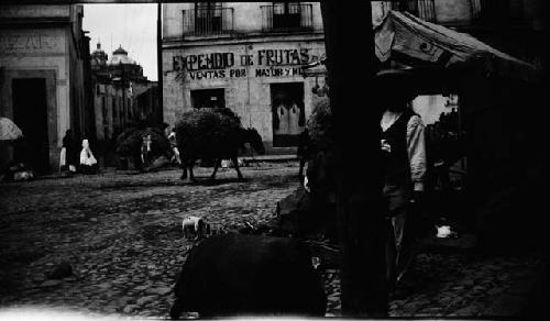 People and pack animals walking through street, vendor selling wares