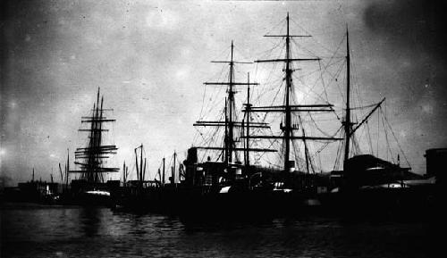 Full rigged ships in port