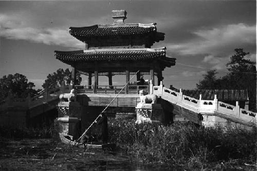 Ornate structure of covered bridges with pavilions