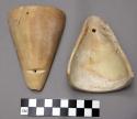 Cut shells - together form a cone-shaped object; both have 2 holes on +