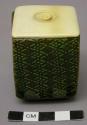 Ceramic box, with ivory lid, wooden stand and pouch (E3347)