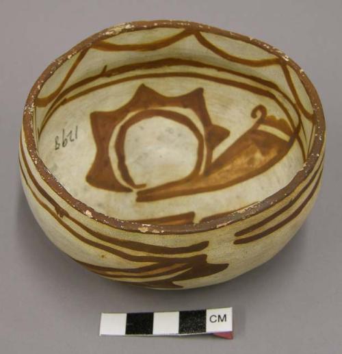 Bowl, polacca polychrome style c. int: zuni rain bird design; ext: linear design