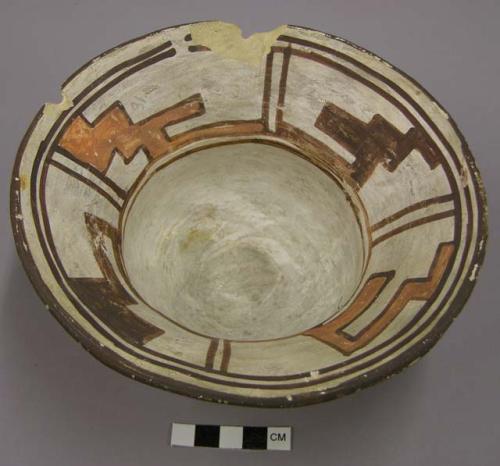 Bowl, polacca polychrome style c. int: linear design; ext: Zuni rain bird design