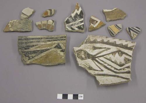 Ceramic rim and body sherds, polychrome, figurative and geometric designs