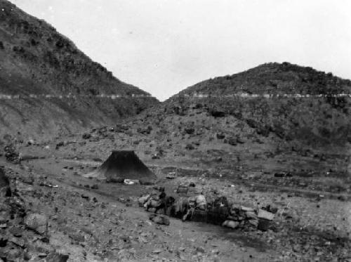 Camp site, tent and supplies