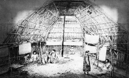 Drawing of interior of Oonalashka habitation, 1778, by John Webber