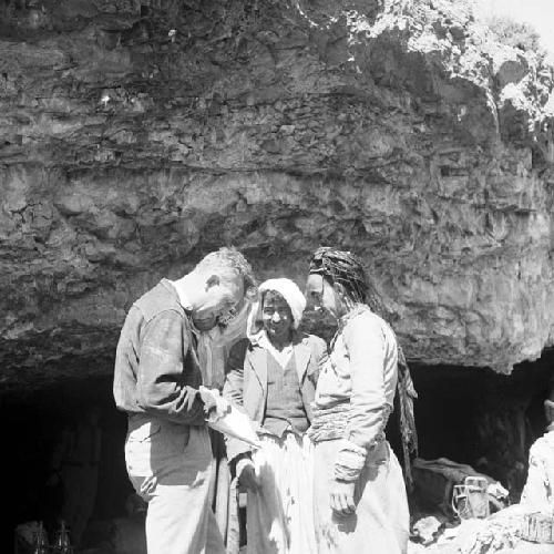 Dennis Batten and two Kurds outside cave on Jebel Baradost near Rowandiz