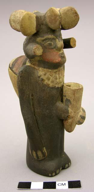 Pottery whistling figure with crown, quipu and vessel