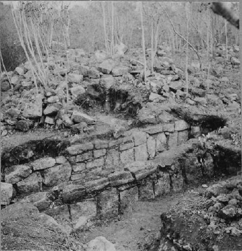 Group R-95-99. Walls running north from northwest corner of sacbe platform