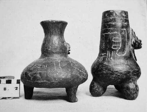 2 incised effigy jars, conceivably fakes. Black surfaces.