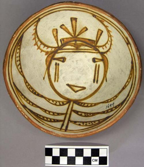 Bowl, polacca polychrome style c. int: kachina design; ext: slipped, no design.