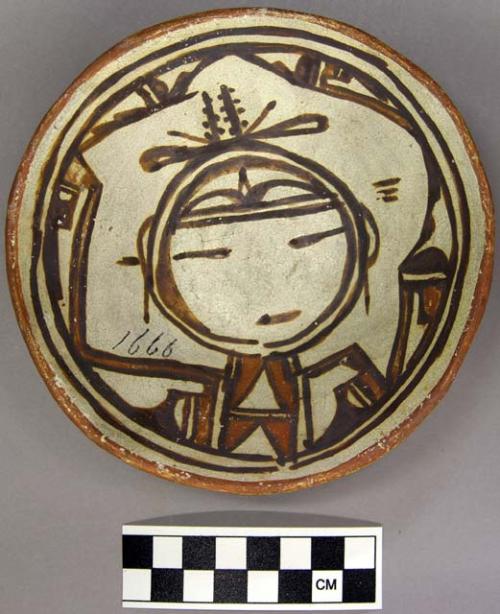 Bowl, polacca polychrome style c. int: kachina design; ext: slipped, no design.