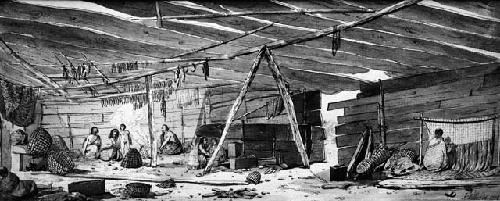 Drawing of interior of Nootka Habitation, by John Webber