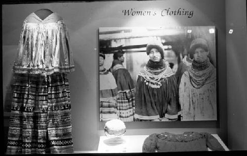 Exhibit case containing women's clothing