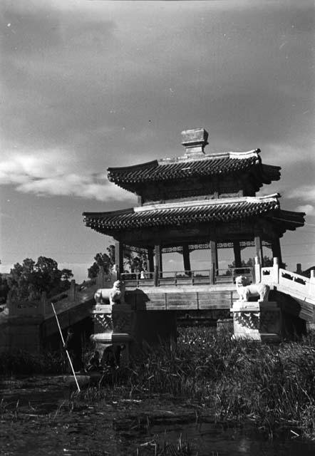 Ornate structure of covered bridges with pavilions