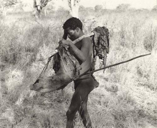 ≠Toma carrying meat in his hunting bag which hangs over a stick