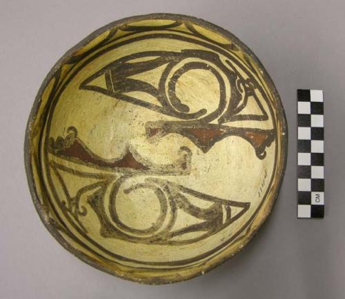 Bowl, polacca polychrome style c. int: zuni rain bird design; ext: slipped, no d