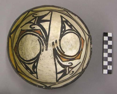 Bowl, polacca polychrome style c. int: zuni rain bird design; ext: slipped, no d