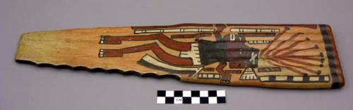 Polychrome pottery pan pipe - design of stylized human figure, plumed headdress