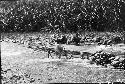 Men trapping fish in net in river