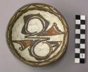 Bowl, polacca polychrome style c. int: zuni rain bird design; ext: slipped, no d