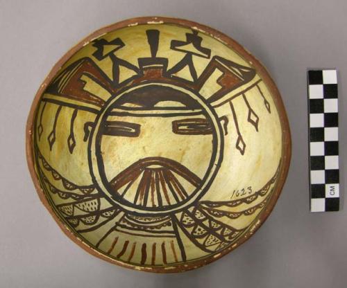 Bowl, polacca polychrome style c. int: kachina design; ext: linear design. 5.6 x