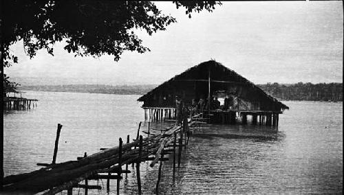 River house on stilts over water with log bridge