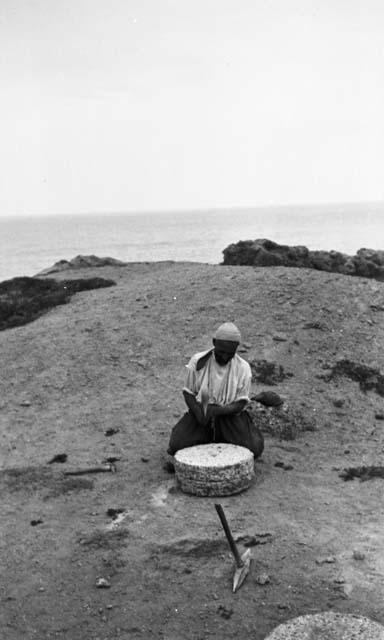 Excavation of Ashakar cave sites, Mr. Stone with millstones, Craft