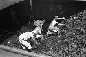 Portrait of workers digging through pile of rocks