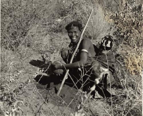 Woman digging up a root, with a baby tied to her back