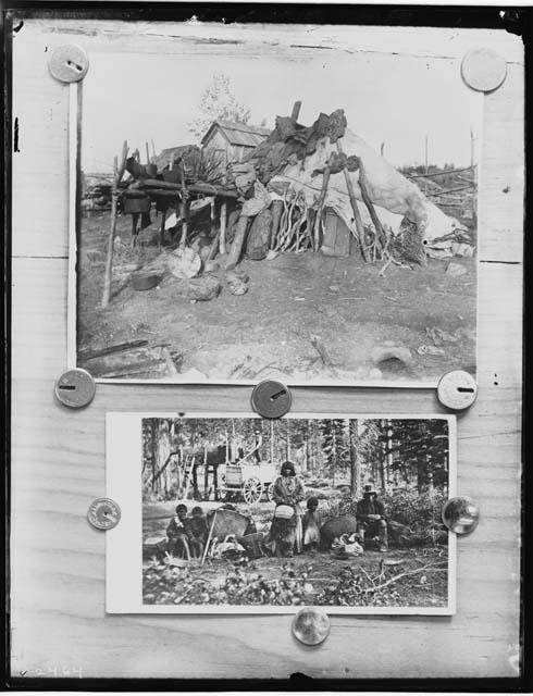 Indians with baskets around settlement in Nevada; Indian Hut