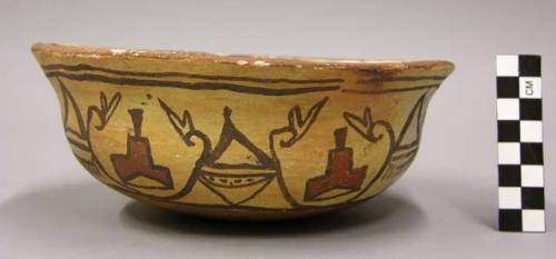 Bowl, polacca polychrome style c. int: linear design; ext: zuni rain bird design