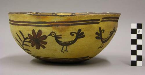 Bowl, polacca polychrome style c. int: zuni rain bird design; ext: plant & anima