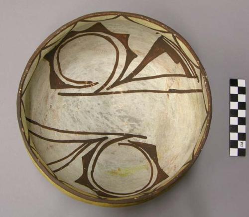 Bowl, polacca polychrome style c. int: zuni rain bird design; ext: slipped, no d