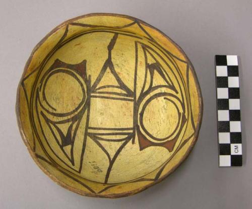 Bowl, polacca polychrome style c. int: zuni rain bird design; ext: slipped, no d