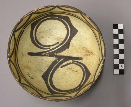 Bowl, polacca polychrome style c. int: zuni rain bird desgin; ext: slipped, no d