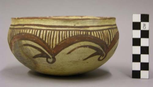 Bowl, polacca polychrome style c. int: splatter design; ext: zuni rain bird desi